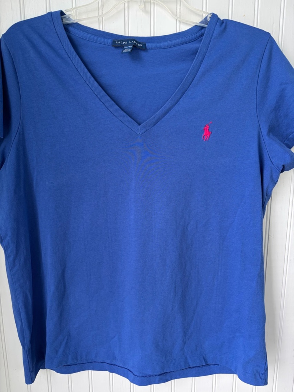 Ralph Lauren Blue V-Neck Tee (XL) with Pink embroidered Polo Logo